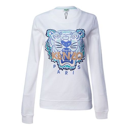 (WMNS) KENZO Tiger Head Round Neck Long Sleeves Hoodie White FA52SW7194U9-01