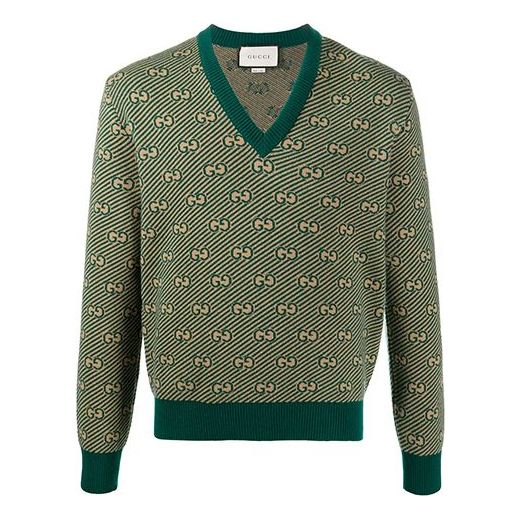 Gucci SS21 Printed Alphabet Pattern V-Neck Sweater For Men Green 626643-XKBFZ-3119