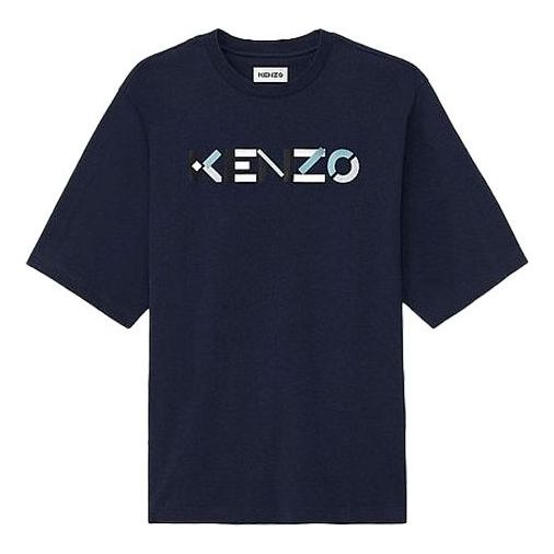 Men's KENZO SS21 Colorblock Logo Casual Short Sleeve Navy Blue FA65TS0554SK-76