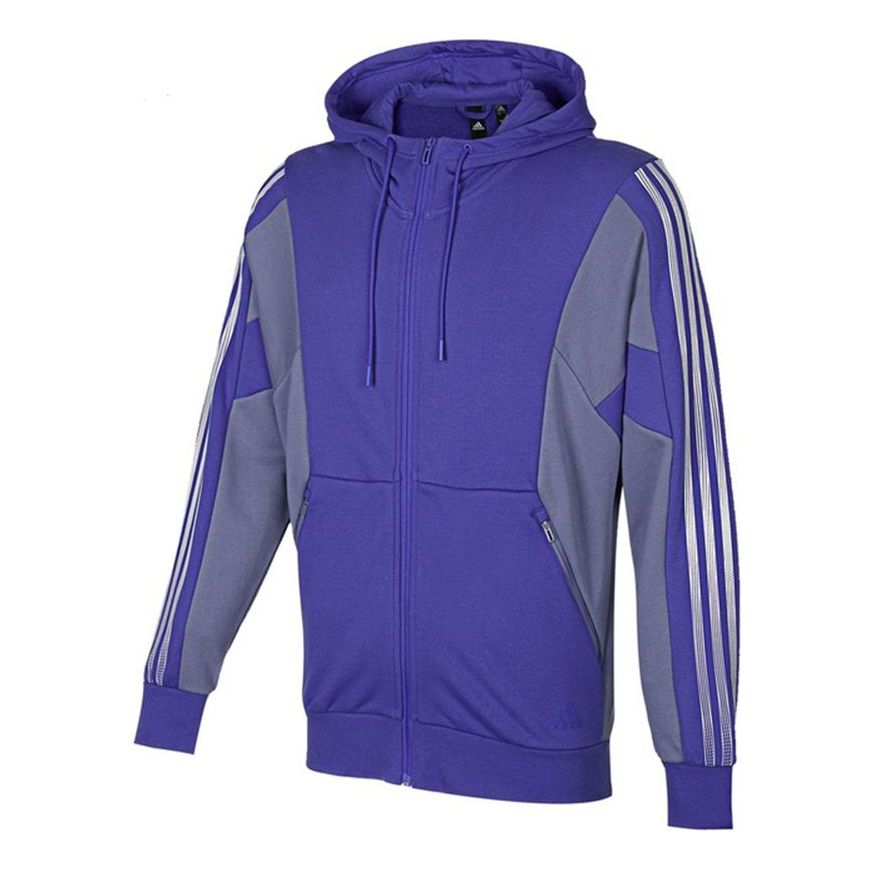 Men's adidas St Kn Block Jkt Contrasting Colors Stripe Knit Hooded Jacket Violets H40198