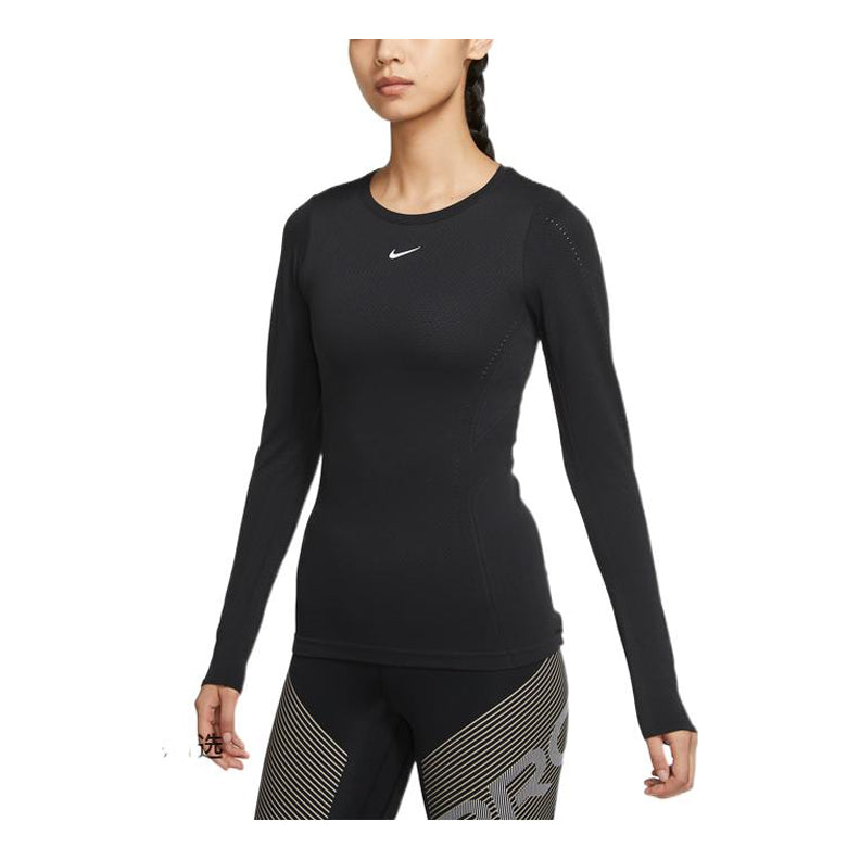 (WMNS) Nike Solid Color Round Neck Slim Fit Long Sleeves Black Gym Clothes DD0594-010
