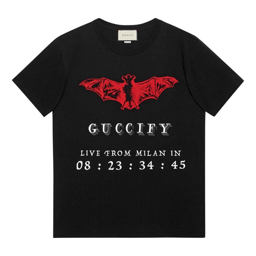 Men's Gucci Logo Printing Cotton Round Neck Short Sleeve Black T-Shirt 493117-X3N25-1082