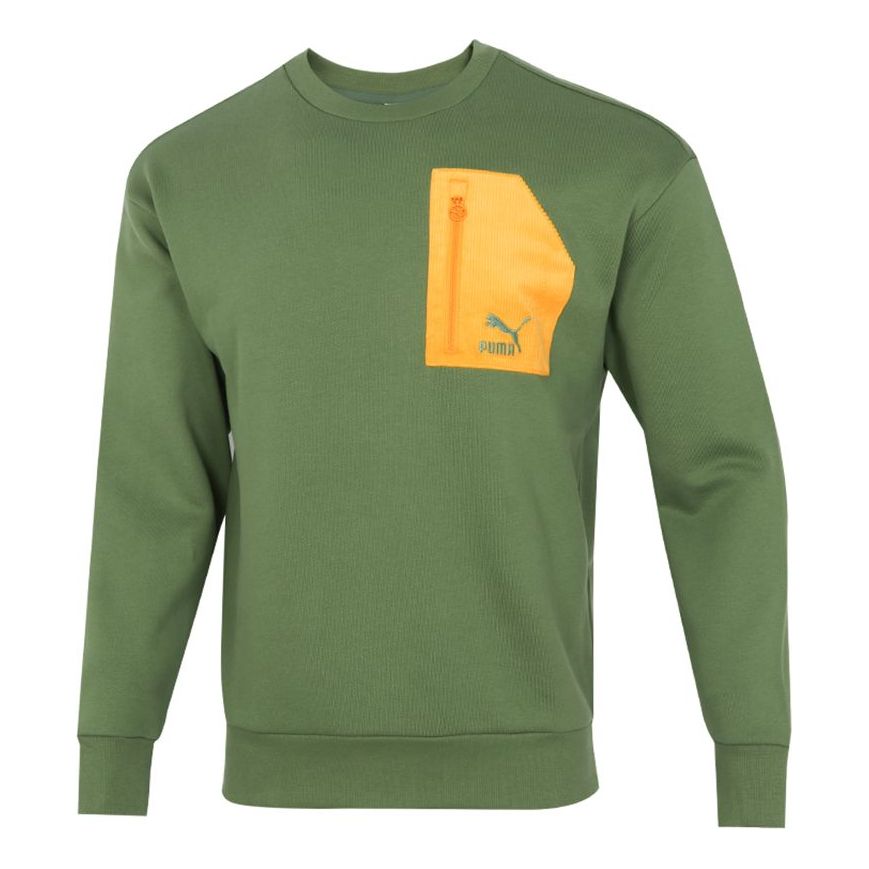 PUMA Contrasting Colors Zipper Pocket Sports Round Neck Pullover Green 535130-67