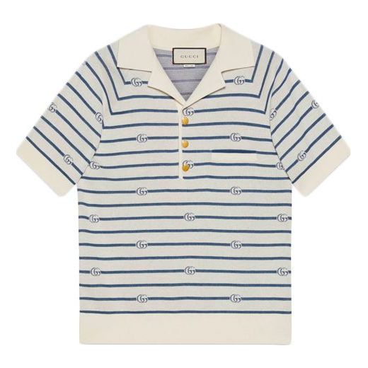 Gucci GG-Striped Wool-Cotton-Blend Short-Sleeved Polo Shirt For Men White/Blue 626039-XKBEV-9222
