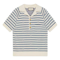 Gucci GG-Striped Wool-Cotton-Blend Short-Sleeved Polo Shirt For Men White/Blue 626039-XKBEV-9222