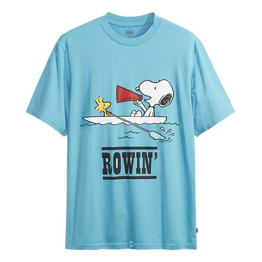 Men's Levis  Peanuts Crossover Cartoon Printing Short Sleeve Pullover Short Sleeve Blue 86275-0013