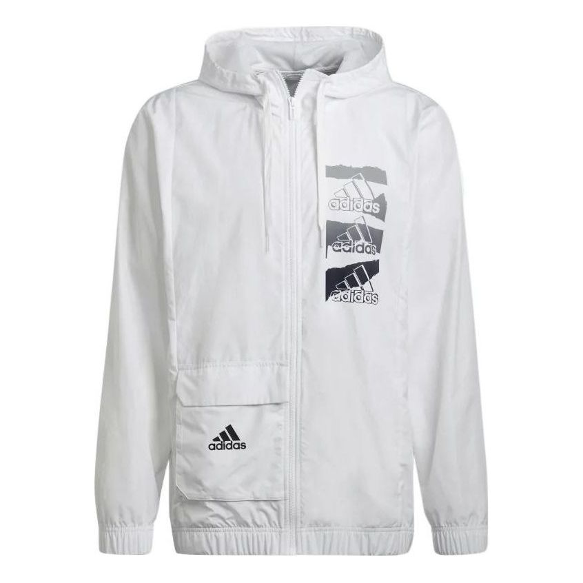 adidas Logo Casual Sports Zipper Hooded Jacket White HE1881