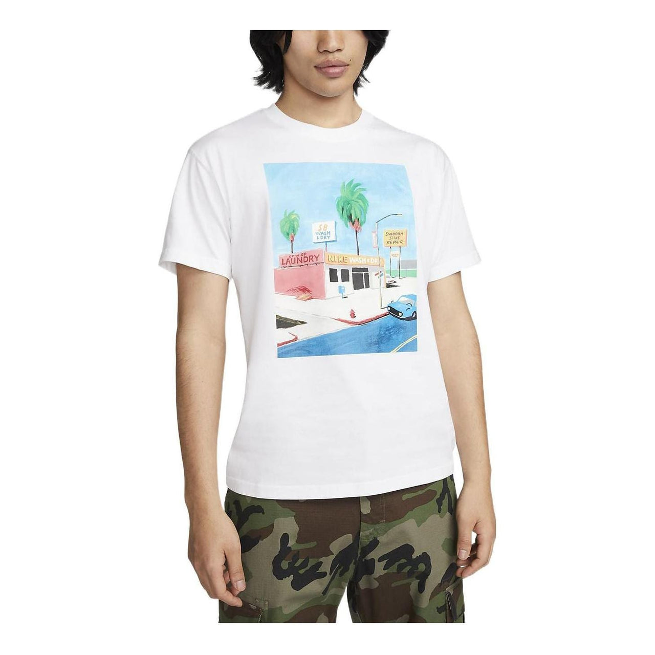 Nike SB Skateboard Cartoon landscape Pattern Skateboard Round Neck Short Sleeve White DR7766-100