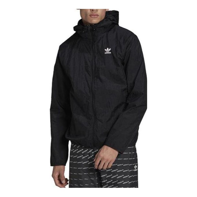 Men's adidas originals Solid Color Logo Hooded Zipper Cardigan Elastic Sports Jacket Black H34687
