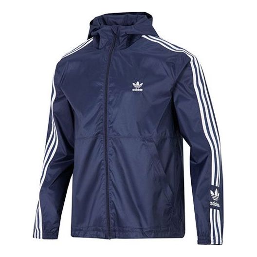 adidas originals Logo Micro Mark Stripe Athleisure Casual Sports hooded Woven Jacket Navy Blue HC2007