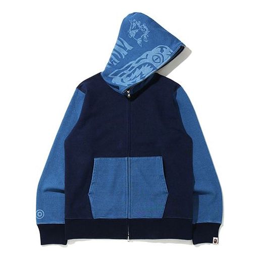 Men's BAPE Shark Splicing hooded Zipper Navy Blue 0ZXSWM115023E