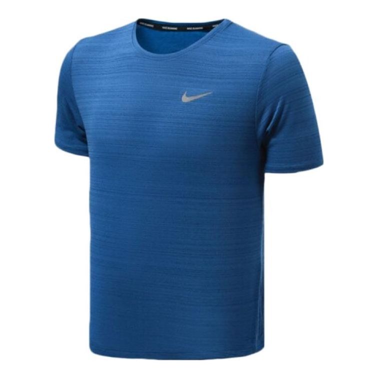 Men's Nike Dri-fit Miler Solid Color Logo Luminous Crew Neck Running Short Sleeve Blue T-Shirt CU5993-480