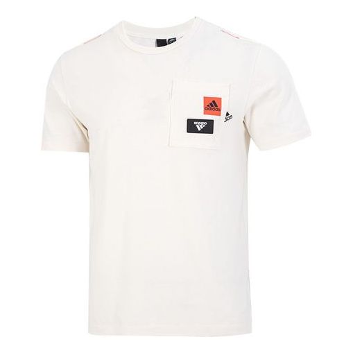 Men's adidas Solid Color Logo Printing Pocket Athleisure Casual Sports Round Neck Short Sleeve White T-Shirt HM2961