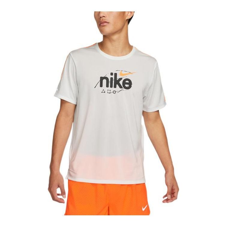 Men's Nike Dri-Fit Miler D.Y.E. Alphabet Logo Sports Round Neck Short Sleeve Mountain White T-Shirt DQ4735-121