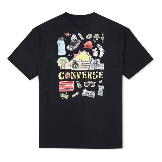 Converse Back Graffiti Cartoon Printing Loose Casual Round Neck Short Sleeve Black 10022038-A04