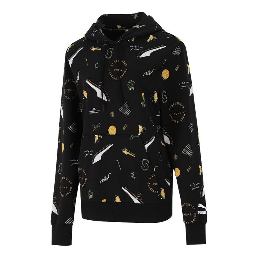 (WMNS) PUMA Casual Full Print Drawstring Loose Pullover Hoodie Black 534466-01