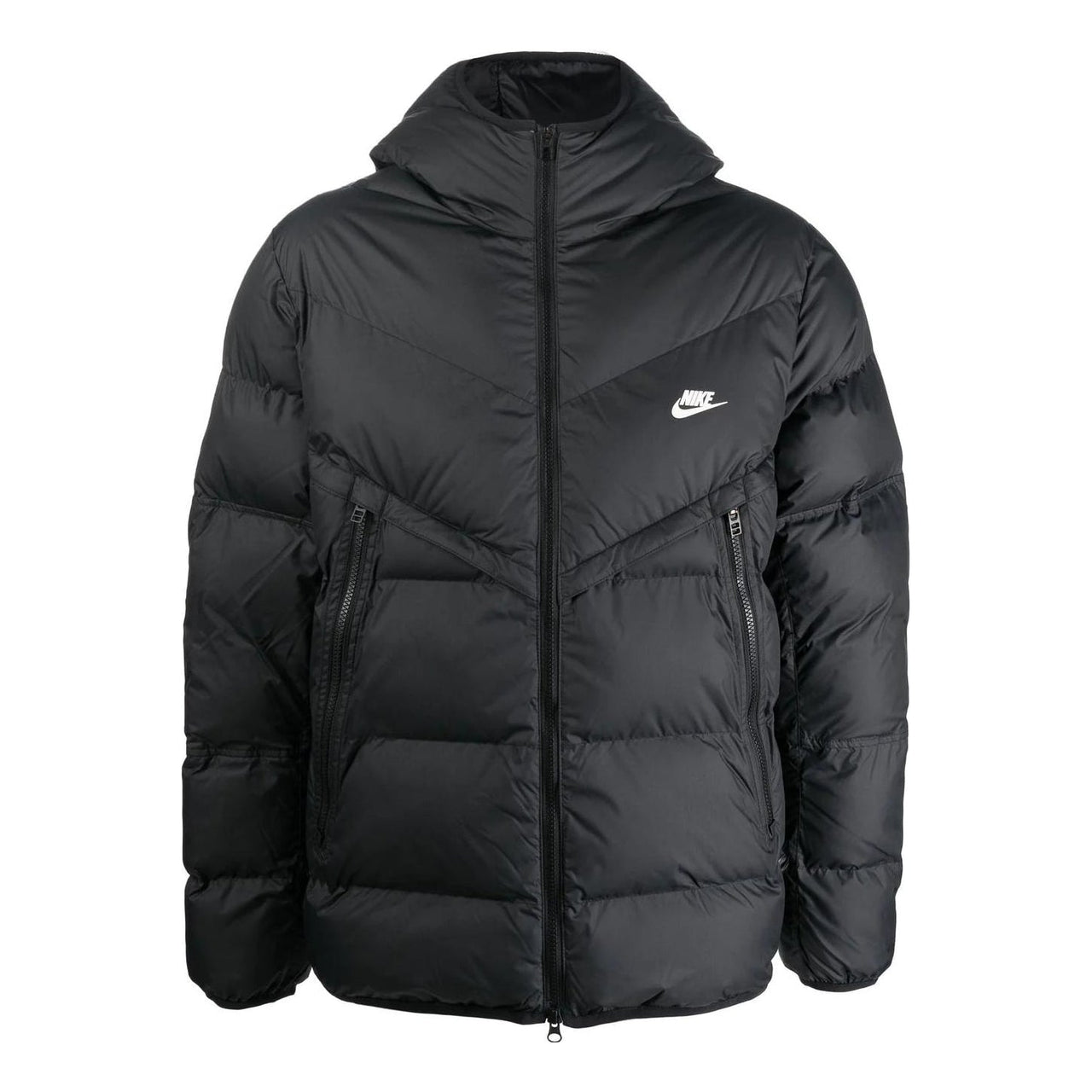 Men's Nike Solid Color Zipper Pocket logo Printing Hooded Down Jacket Black DR9605-010