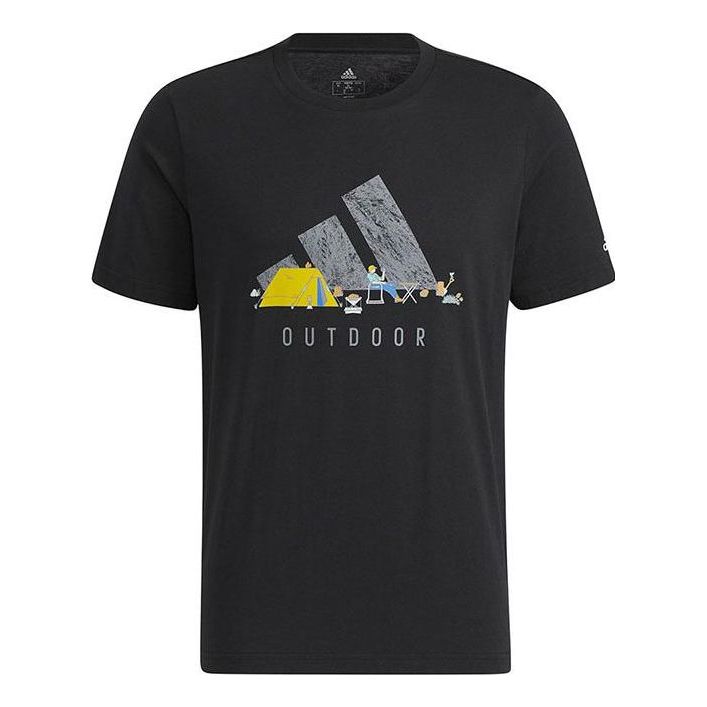 Men's adidas Printing Logo Solid Color Round Neck Short Sleeve Black T-Shirt HE7365