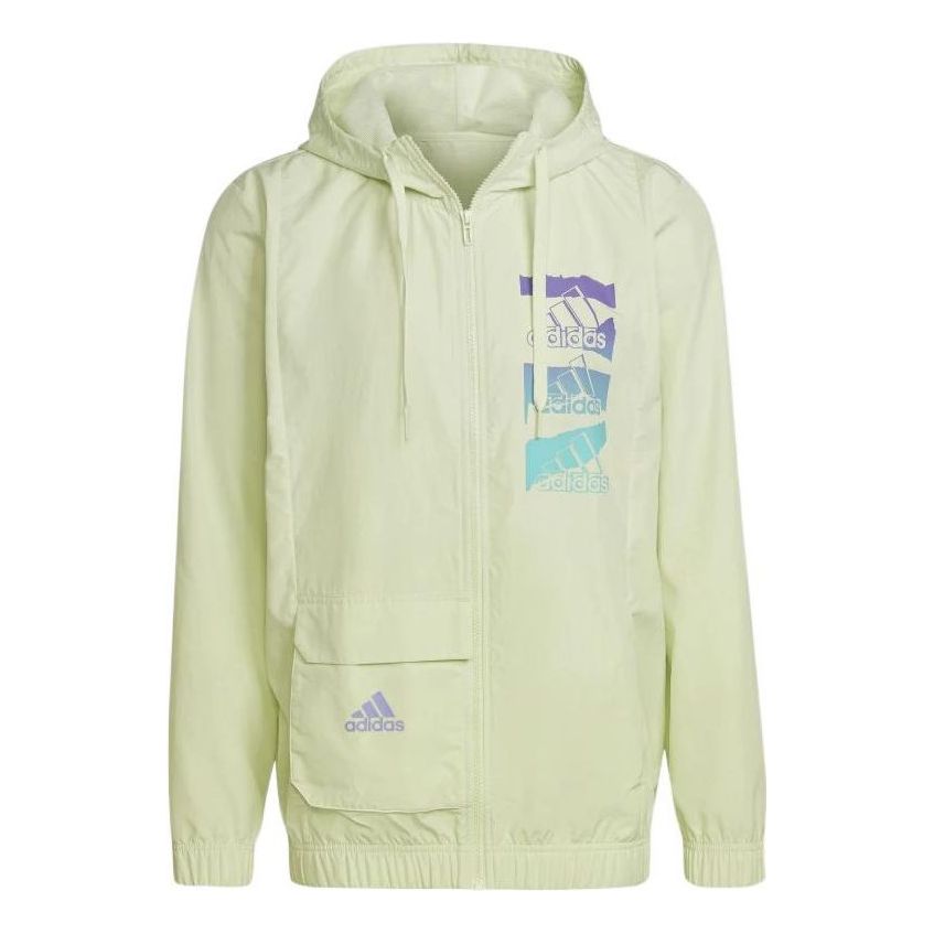 Men's adidas Alphabet Logo Long Sleeves hooded Windbreaker Jacket Green HE4304