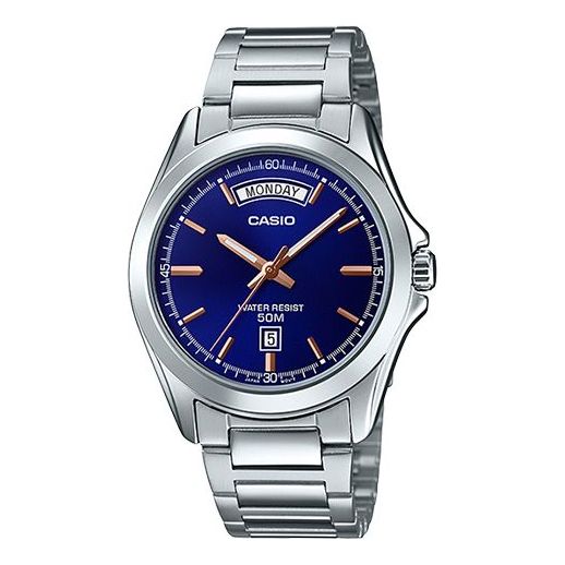 CASIO Waterproof Stainless Steel Strap Quartz Mens SilverBlue Analog MTP-1370D-2A