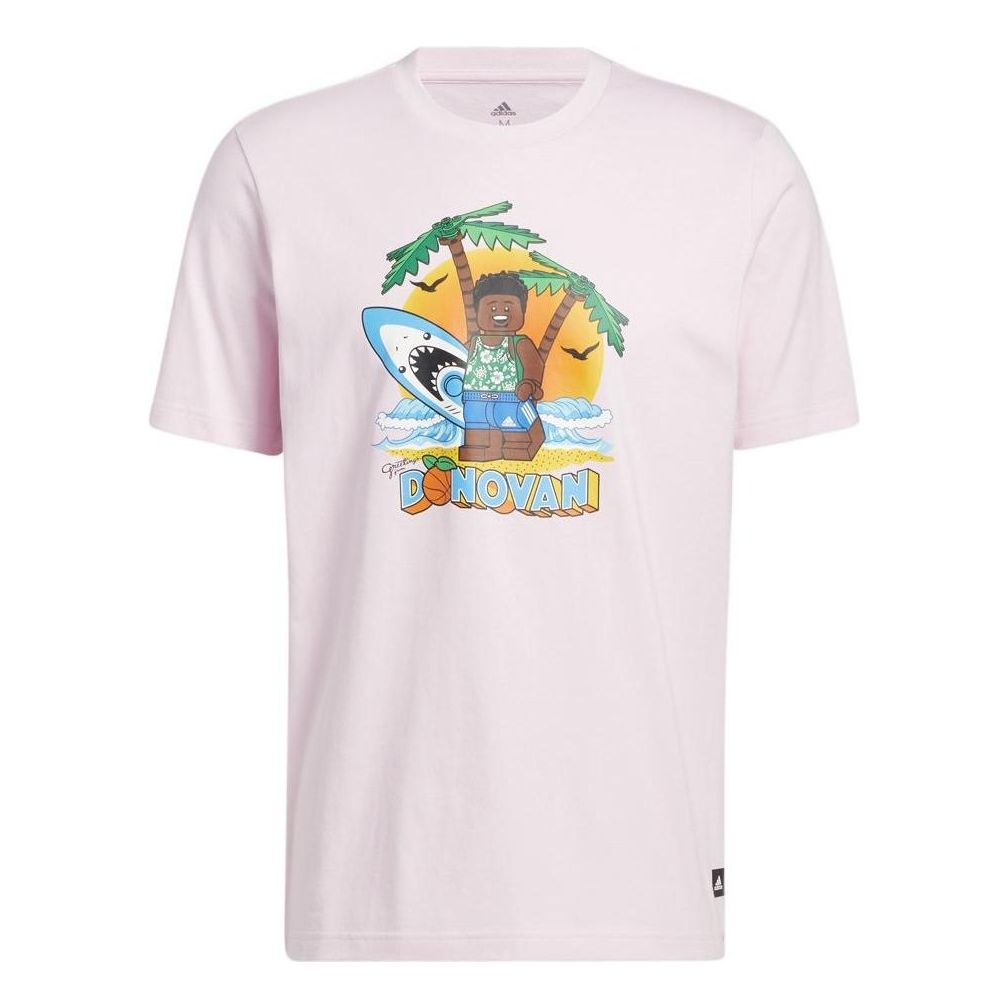 Men's adidas Logo Cartoon Character Printing Ribbed Round Neck Basketball Training Short Sleeve Pink T-Shirt HE0869
