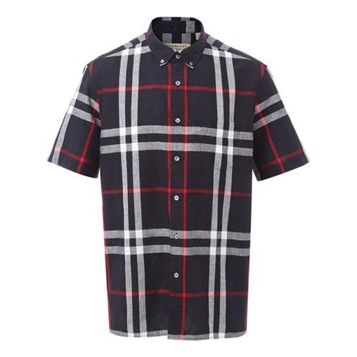 Men's Burberry Plaid Short Sleeve Shirt Navy Blue 40154301