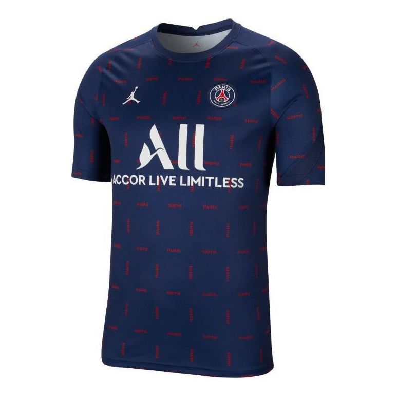 Men's Air Jordan x PSG Crossover Logo Alphabet Printing Full Print Round Neck Short Sleeve Navy Blue T-Shirt CW4883-411