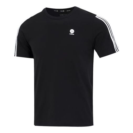 Men's adidas neo Solid Color Stripe Logo Athleisure Casual Sports Round Neck Short Sleeve Black T-Shirt HN8779