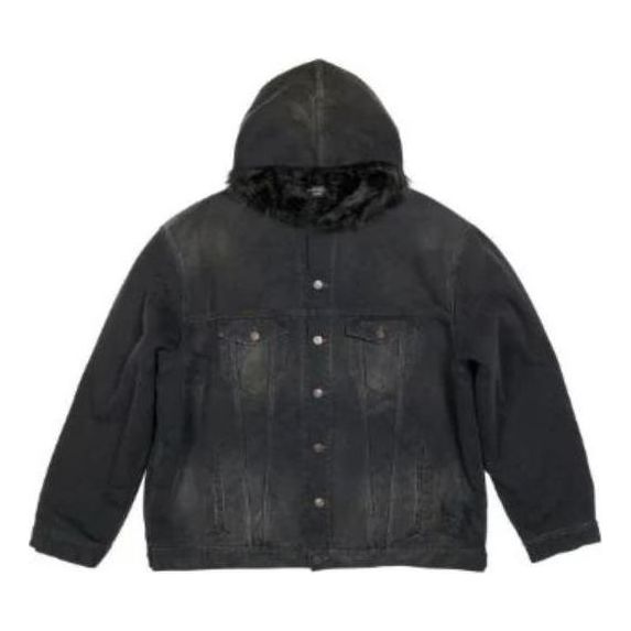 Balenciaga Bleached-Effect Button-Up Hooded Denim Jacket 'Black' 724653TNW541129