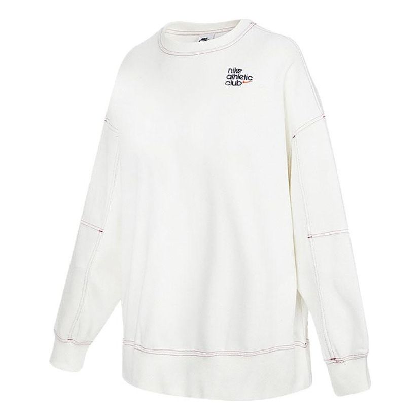 (WMNS) Nike SS22 Sportswear Athletic Club Printing Fleece Round-neck Swea White DQ9146-133