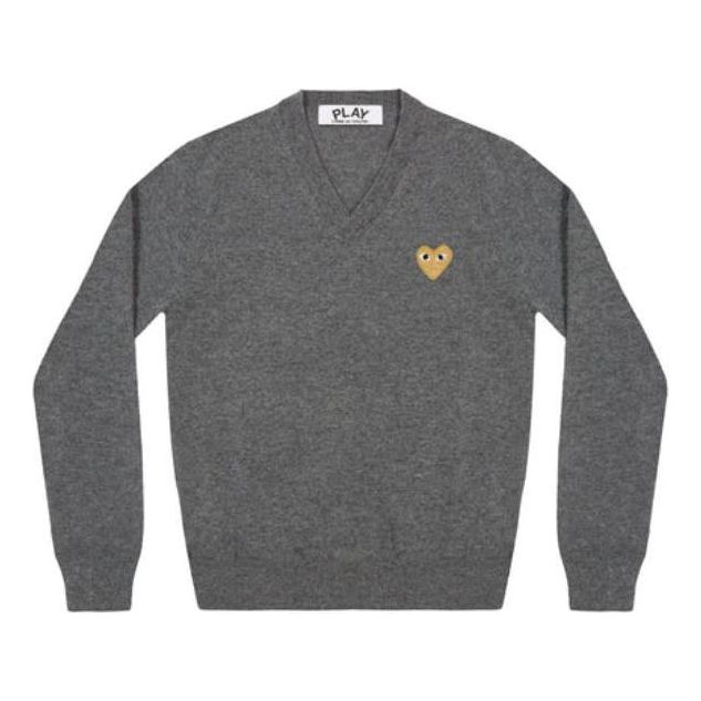 COMME des GARCONS PLAY V-Neck Pullover Gold Emblem 'Grey' AZN048-051-3