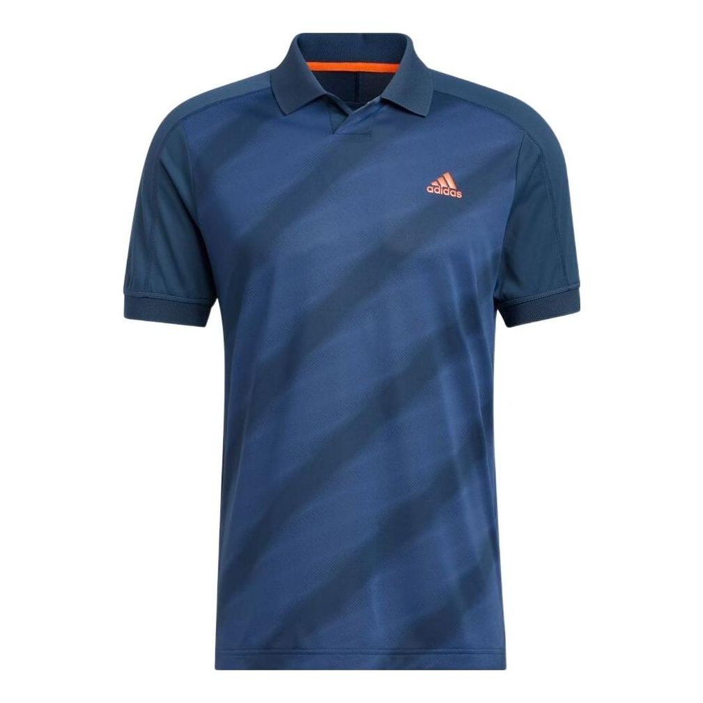 Men's adidas Stripe Logo Printing Pullover Short Sleeve Navy Blue Polo Shirt HN3086