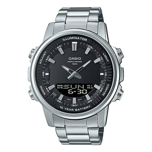 Men's CASIO Dress Series Classic Minimalistic Black 47mm 50 waterproof Stainless Steel Strap Mens Silver Analog AMW-880D-1AV