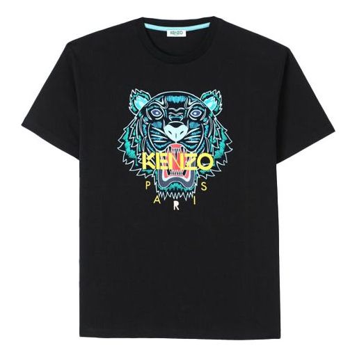 KENZO Offset Printing Tiger Head Pattern Short Sleeve Black T-Shirt FA52TS9594YA-99