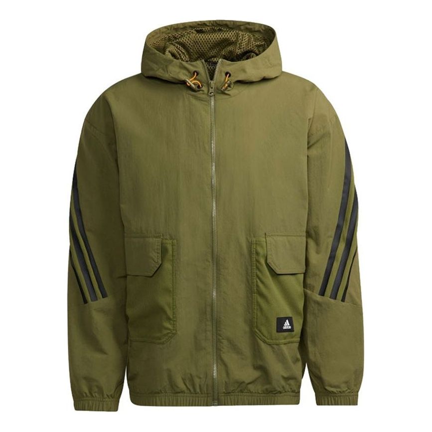 Men's adidas Fi Wv Bst Fz Sports Stylish Stripe Hooded Jacket Military Green H65369