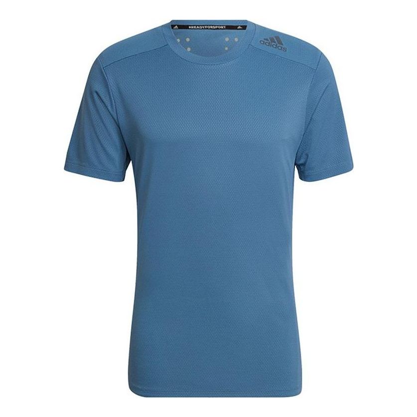 Men's adidas Stripe Logo Sports Training Round Neck Short Sleeve Navy Blue T-Shirt HU0112