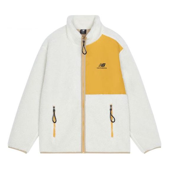 New Balance Contrasting Colors Knit Suede Sports Stand Collar Logo Lamb's Wool Jacket White AMJ13346-MLT