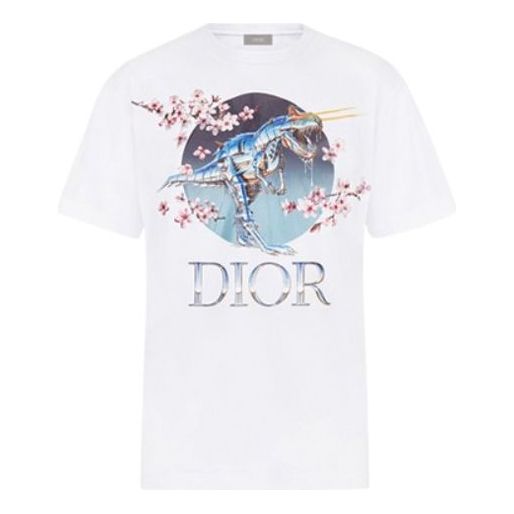 Men's DIOR x Sorayama Crossover Sakura Dragon Printing Short Sleeve White 933J602B0533-085
