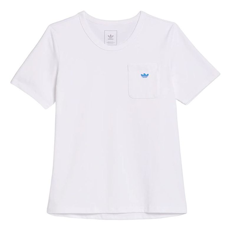 adidas originals Solid Color Chest Pocket Round Neck Casual Short Sleeve White HM6857