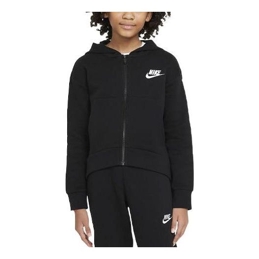 (GS) Nike Solid Color Logo Printing Hooded Zipper Long Sleeves Boy Girls Black DC7118-010