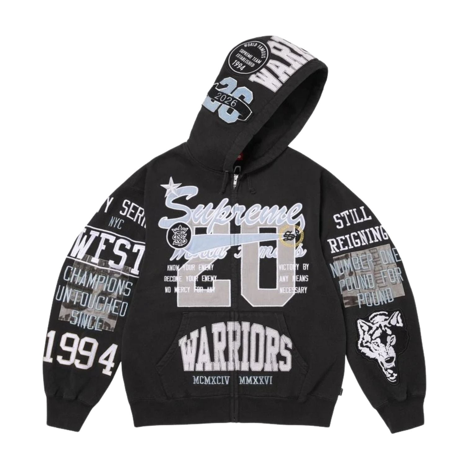 Supreme SS26 Warriors Appliqué Zip Up Hooded Sweatshirt 'Black' SUP-SS26-212-BLK