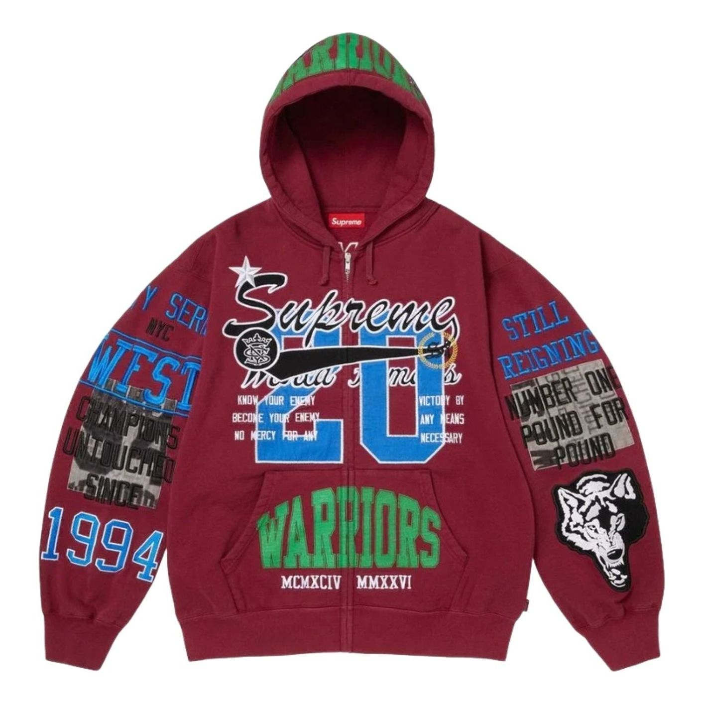 Supreme SS26 Warriors Appliqué Zip Up Hooded Sweatshirt 'Cardinal' SUP-SS26-212-RED