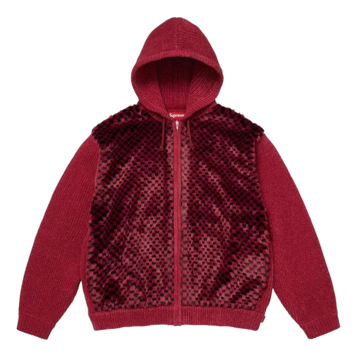 Supreme SS26 Checkerboard Faux Fur Zip Up Hooded Sweater 'Red' SUP-SS26-127-RED