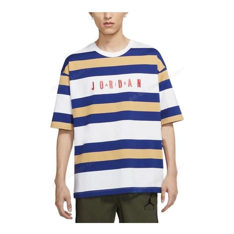 Men's Air Jordan SS22 Stripe Logo Round Neck Short Sleeve Blue White T-Shirt DV6668-100