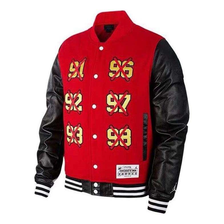 Men's Air Jordan Splicing Design Six Crowns Printing Baseball Jacket Red BQ5166-657